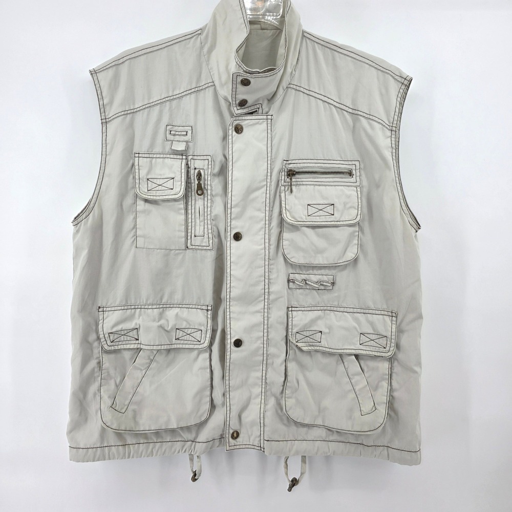 Ribbons Mens Vest Beige Fishing Utility Pockets Zip Front Outdoor Size M